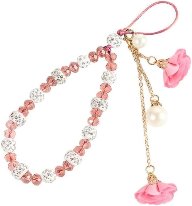 Zhuluck 1Pc Pink Bling Mobile Phone Strap Lanyard Bracelet Hand Strap Hanging Cord Flower Pendant Short Cord Wrist Straps for Phone Case