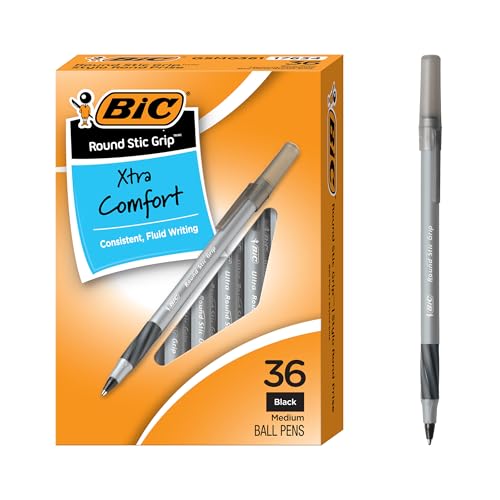 BIC Round Stic Grip Xtra Comfort Black Ballpoint Pens, Medium Point (1.2mm), 36-Count Pack, Perfect Writing Pens With Soft Grip for Superb Comfort