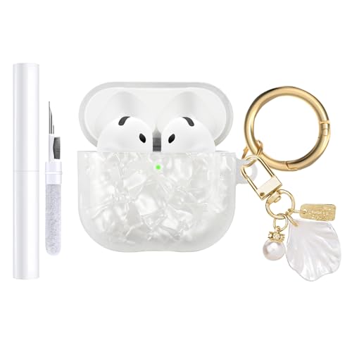 AIIEKZ Compatible with AirPods 4 Case Cover 2024,Soft TPU with Shell Pattern for AirPods 4th Generation Case with Pearl Shell Keychain and Cleaning