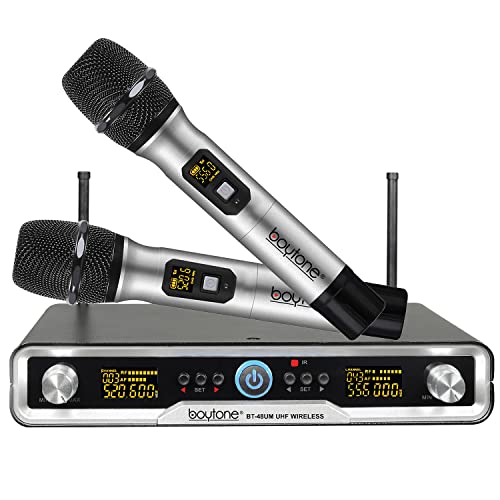 Boytone BT-48UM 100 Channels Wireless Microphone Dual Metal Professional UHF Cordless Dynamic Mic Handheld Microphone System, for DJ, Meeting, Party