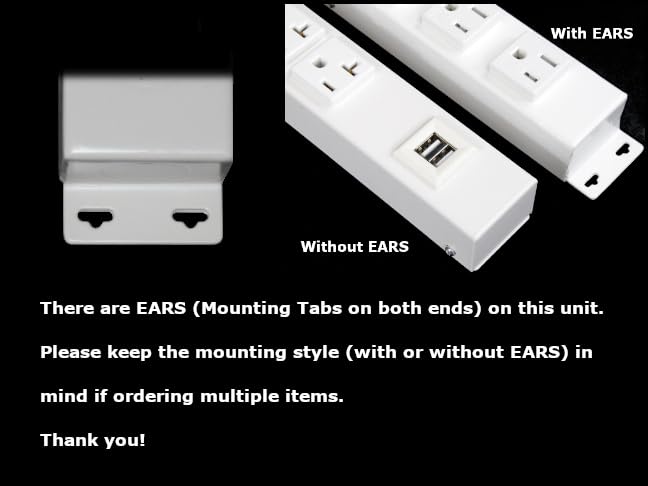 24” Hardwired Power Strip (NO Power Cord), 6 Horizontal Outlets (NOT Tamper Resistant), with Ears (with mounting tabs on Both Ends), 15A (NOT a 20 Amp