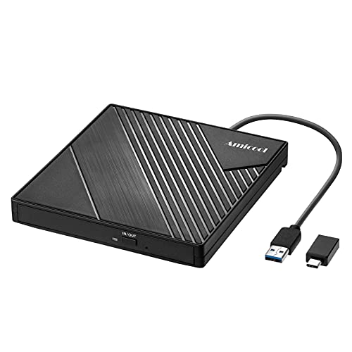 Amicool External DVD Drive USB 3.0 USB C CD Burner CD/DVD +/-RW Optical Drive, Slim Portable DVD CD ROM Rewriter Writer Duplicator for Laptop Desktop