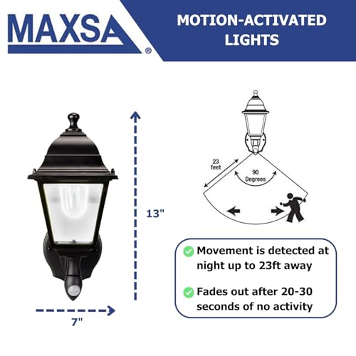 Maxsa 44219-RS Premium Wireless Battery-Powered Motion-Activated Decorative Outdoor Wall Sconce Lighting Fixture, Cool White LED, Metal Housing, Black