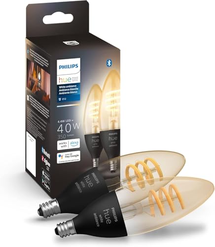 Philips Hue Smart 40W Candle-Shaped Filament LED Bulb - White Ambiance Warm-to-Cool White Light - 2 Pack - 350LM - E12 - Indoor - Control with Voice