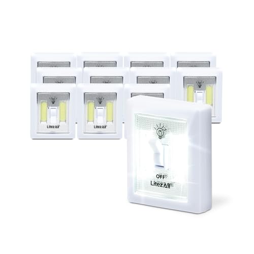 LitezAll COB LED Light Switch Night Light, 12-Pack 200 Lumen Wireless Battery Operated Wall Lights, Stick-On Switch Lights for Closets, Cabinets
