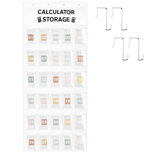 30-Pocket Calculator Holder for Classroom, Hanging Calculator Pocket Chart with Clear PVC Pockets & Numbered Stickers, Calculator Storage Organizer