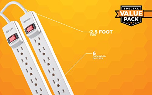 Southwire Woods Power Strip - Dual Pack for Home & Office Use - 6 Outlet Electrical Outlet Strip - Durable White Housing - 2.5’ Plug Extension Cord