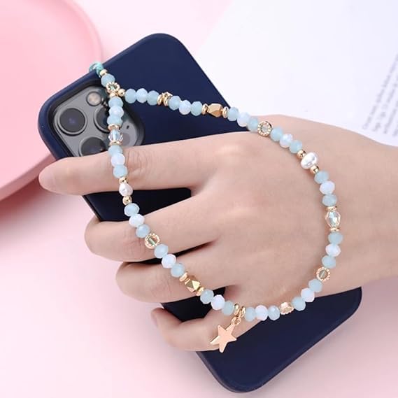 DPWOUM 1Pc Blue Beaded Five-Pointed Star Pendant Beaded Phone Chain Bracelet Wrist Lanyard,Cute Camera Charm Strap Bag Accessories for Women