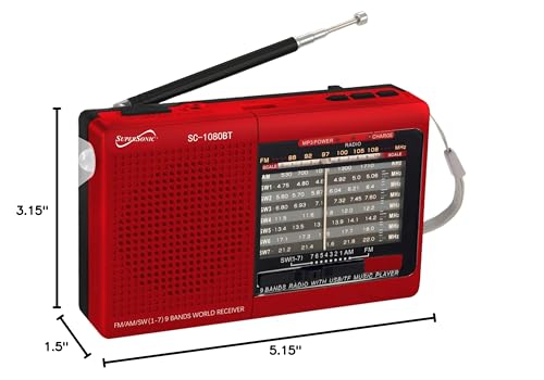 Supersonic SC-1080BT 9-Band Radio with Bluetooth, Portable Small Multi Band Radio Stereo, USB and Micro SD Input, Torch Light, and Rechargeable