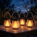 Solar Lanterns Outdoor Waterproof 4 Pack, Outdoor Solar Lanterns with Flickering Flame Effect, USB-C & Solar Charging, Auto Dusk to Dawn, Hanging