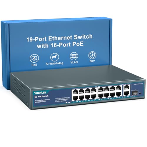 YuanLey 16 Port PoE Switch with 2 Gigabit Ethernet Uplink, 1 SFP Port, 250W PoE+ Port Support 802.3af/at, Unmanaged Network Switch with AI Watchdog