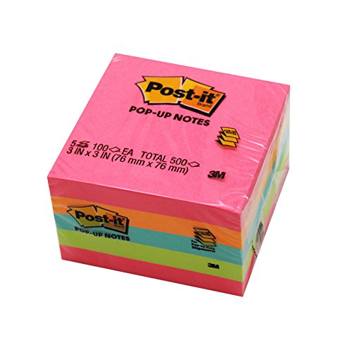 Post-it Pop-up Notes, 3" x 3", Assorted, 100 Sheets Per Pad, 5 Pads
