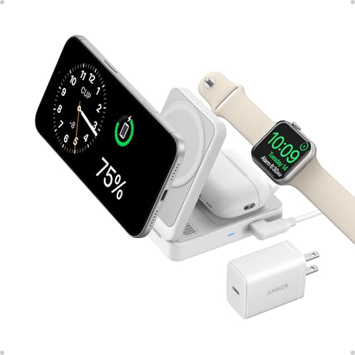 Anker MagGo 3 in 1 iPhone 17 Charging Station, MagSafe-Compatible Wireless Charger Stand, Qi2 Certified 15W Foldable Charger for iPhone