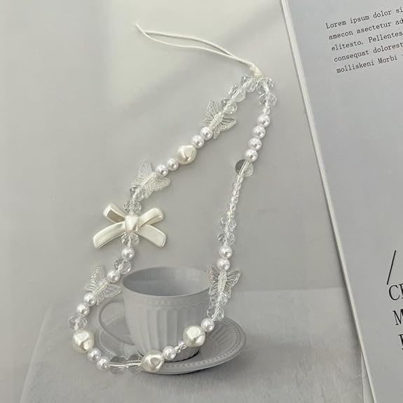 SelHeng 2Pcs White Mobile Phone Lanyard Universal Phone Chain Black Bow White Pearl Beaded Phone Lanyard Wrist Strap Anti Lost Phone Charm Strap