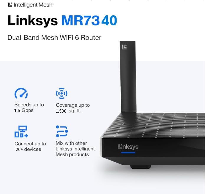 Linksys Mesh WiFi 6 Router, Dual-Band, 1,500 Sq. ft Coverage, 20+ Devices, Speeds up to (AX1500) 1.5Gbps - MR7340