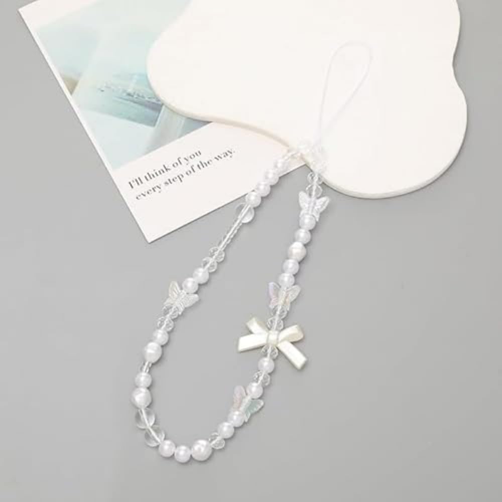 Essivox White Pearl Phone Lanyard, Universal Mobile Chain with Bow, Beaded Wrist Strap, Anti-Lost Charm Keychain