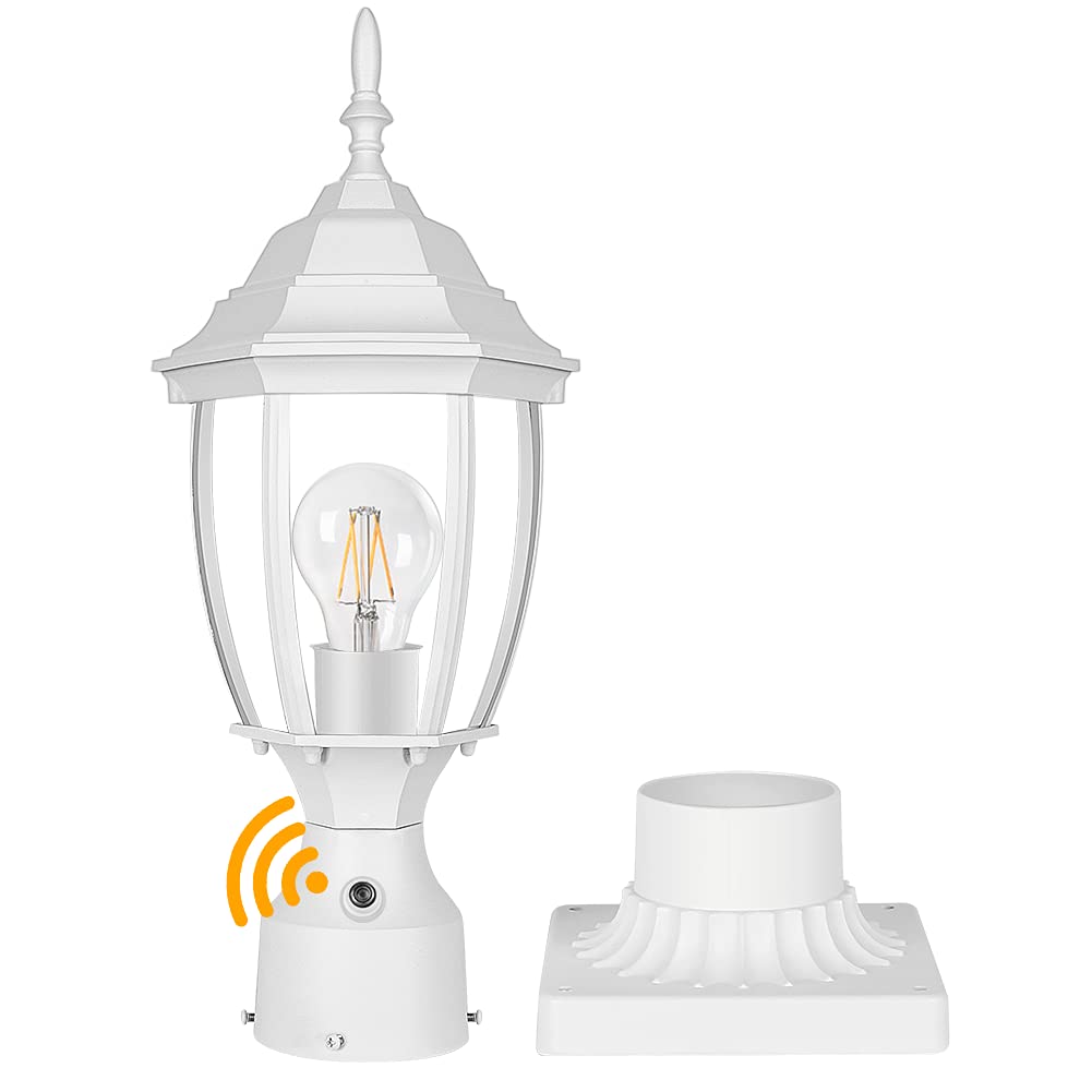 PARTPHONER Dusk to Dawn White Outdoor Post Light with Pier Mount Base, Waterproof Pole Lantern Light Fixture, Exterior Lamp Post Lantern Head