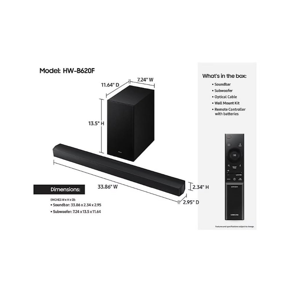 Samsung HW-B620F 3.1 Channel Soundbar with Subwoofer Black, Dolby Audio/DTS Virtual:X, HDMI ARC, Wireless Surround Sound Compatible (Renewed)