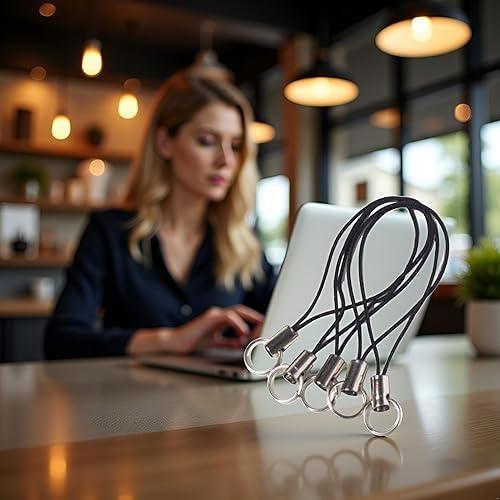 Mozff 20 Pieces Silver Tone Black Lanyard Cell Phone Charm Split Ring Strap, Clasp Lariat Cord Strap For Mobile Cell Phone