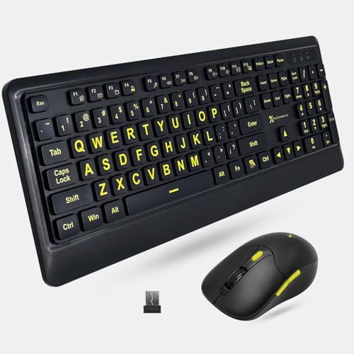 X9 Performance Large Print Wireless Keyboard and Mouse Combo - Easy to See Yellow Letters for Seniors and Low Vision Users - 2.4Ghz Wireless Mouse