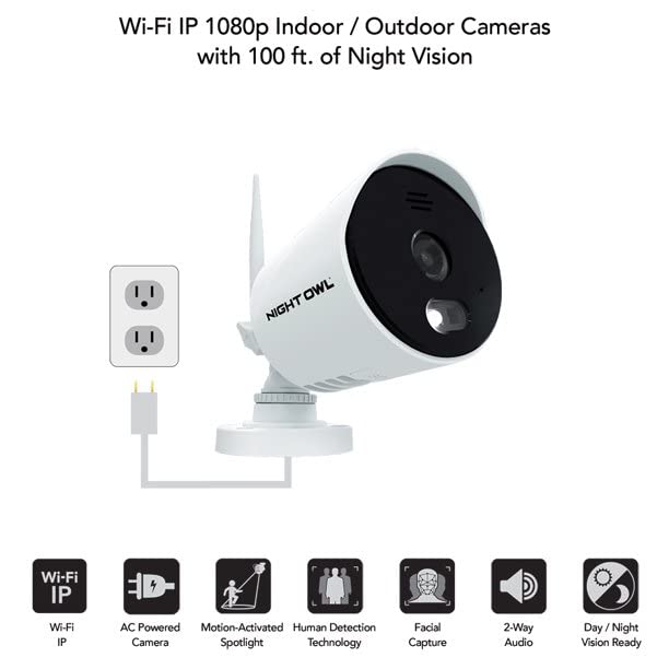 Night Owl Security Camera System, 10 Channel Wi-Fi NVR with 1TB Hard Drive, 4 Wi-Fi IP 1080p HD Spotlight Surveillance Bullet Cameras, 2-Way Audio