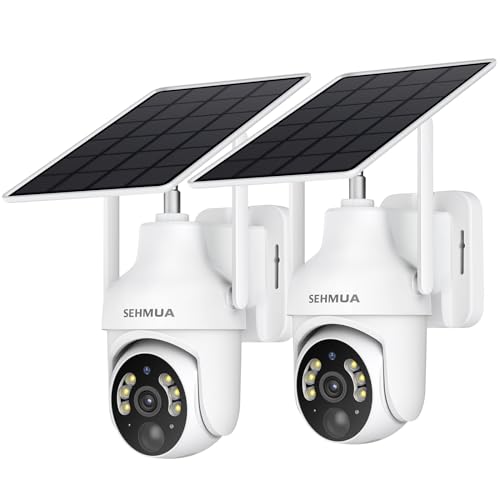 SEHMUA 2K Solar Security Cameras Wireless Outdoor, 2 Pack 360° View Pan/Tilt WiFi Security Camera Outside with Color Night Vision,Easy to Install, PIR