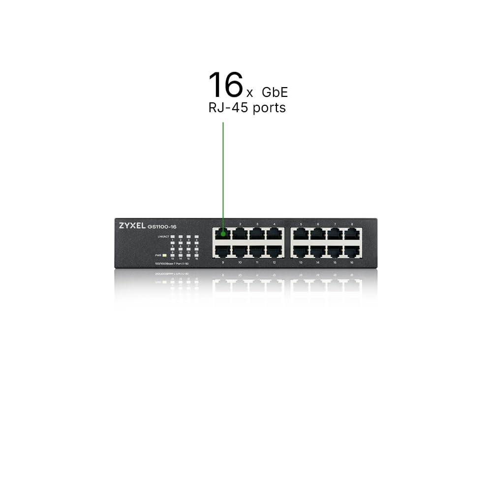 Zyxel 16 Port Network Switch | Unmanaged Gigabit Ethernet Splitter | 16x GbE Ports | Fanless Design | Plug and Play Easy Installation | Wall and Rack