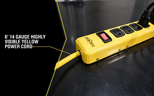 Southwire Yellow Jacket Heavy Duty Power Strip - 6 Outlet Industrial Metal Workshop Strip - Sliding Safety Covers - Overload Protection - 6 Ft Yellow
