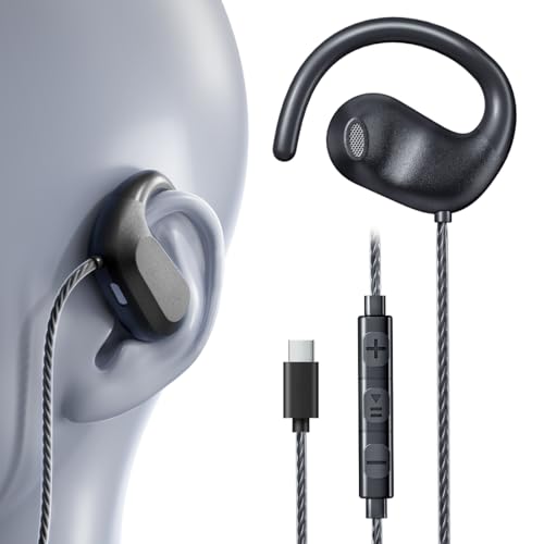 USB C Headphones Wired Earbuds Type c | Open Ear Headphones with Mic | Running Earbuds with Rotatable Earhook & Volume Control for iPhone 15 & 16…