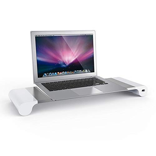 Aluminum Alloy Desktop Monitor Stand Space Bar Non-Slip Laptop Stand Riser with 4-Ports USB Charging for iMac, MacBook Pro, Air (White UK Plug)