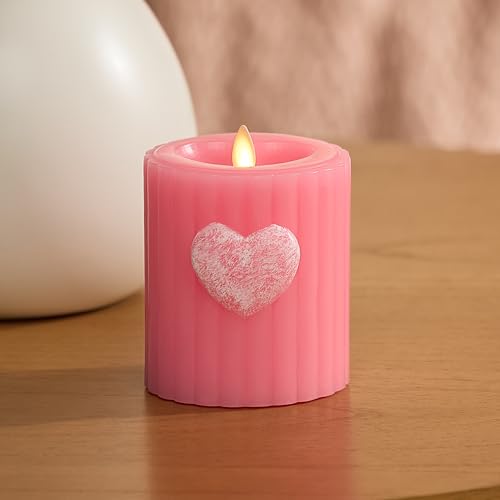 Luminara Flickering Flameless 3.7" x 4.5" Pillar Candle, Battery Operated Remote Ready (Sold Separately) & Timer Function, LED Light, Ribbed Real Pink