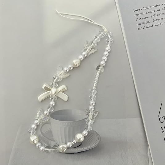 Galepromot 2Pcs White Mobile Phone Lanyard Universal Phone Chain Black Bow White Pearl Beaded Phone Lanyard Wrist Strap Anti Lost Phone Charm Strap
