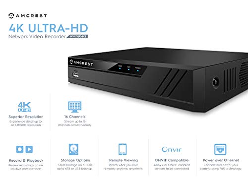 Amcrest (16CH 720p/1080p/3MP/4MP/5MP/6MP/8MP/4K) Network Video Recorder, 16CH (8-Port PoE) NVR - Supports up to 16 x 4K IP Cameras, HDD Not Included