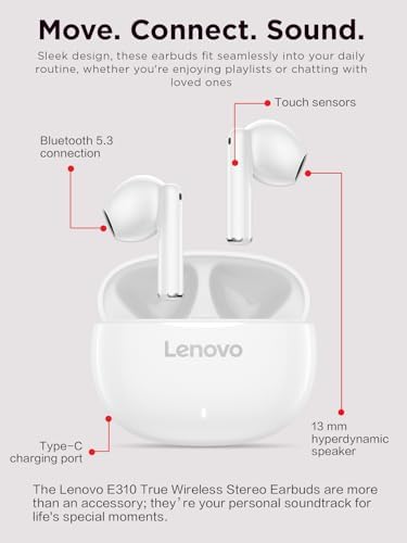 Lenovo E310 True Wireless Earbuds, Bluetooth 5.3 TWS Headphones with 13mm Drivers, AI Noise Reduction Mic, Up to 20H Battery with Case, USB-C