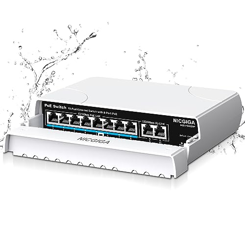 Outdoor Waterproof 8-Port PoE Switch with 8 Port PoE+@120W + Gigabit Uplink Port, 10 Port IEEE802.3af/at Power Over Ethernet Switch Unmanaged