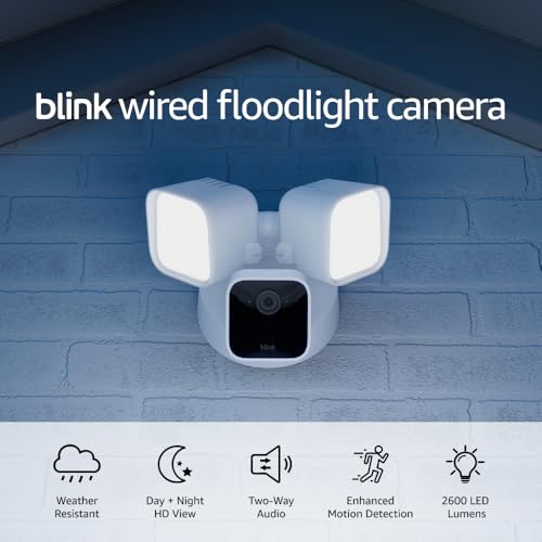 Blink Wired Floodlight Camera, Smart security camera, 2600 lumens, HD live view, enhanced motion detection, built-in siren, Works with Alexa, 1 camera