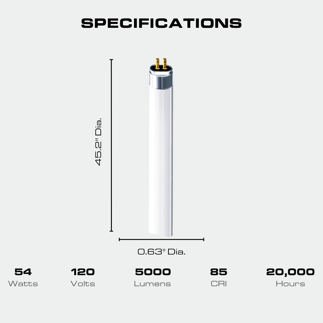 Four-Bros Lighting F54T5/865/HO Fluorescent Tube Light - 54W High Output, T5 Slim Design, G5 Mini Bi-Pin Base, 6500K Daylight, 5000 Lumens, 85+ CRI
