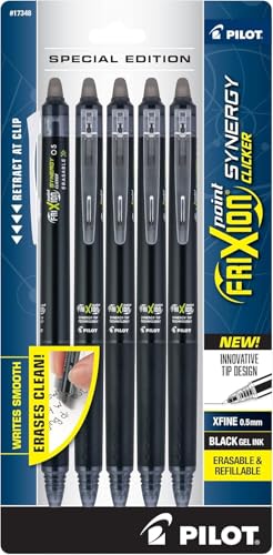Pilot FriXion Synergy Clicker Erasable, Refillable, Retractable Gel Ink Pens, Extra Fine Point 0.5 mm, Pack of 5, Black Ink, FriXion Erasable Pens 0.5