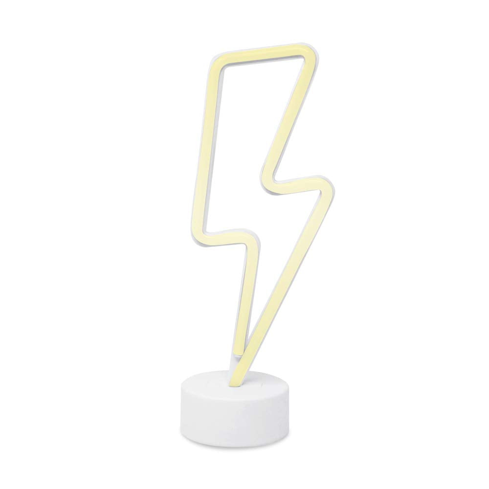 Isaac Jacobs 11.75” x 4.35” LED Neon Yellow Lightning Bolt Tabletop Lamp, White Base, Night Light, for Bedroom Décor & Party; Battery Powered