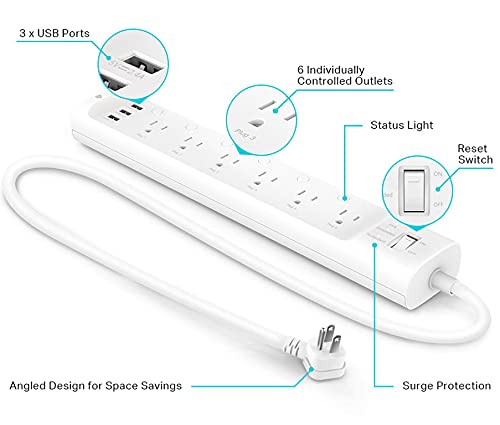 Kasa Smart Plug Power Strip HS300, Surge Protector with 6 Individually Controlled Smart Outlets and 3 USB Ports, Works with Alexa & Google Home, No
