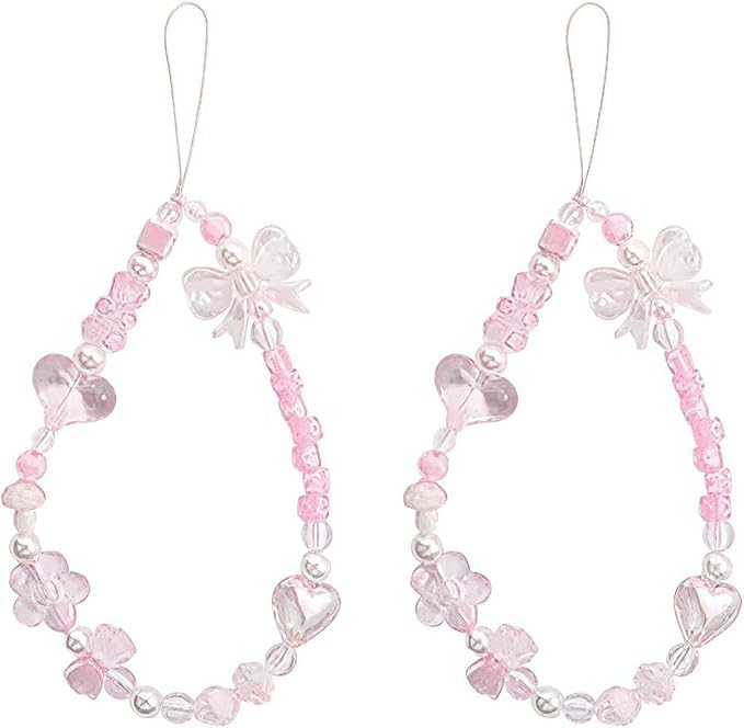 Senyango 2Pcs Pink Acrylic Beaded Mobile Phone Straps Anti-Lost Hand Strap Pendant Hanging Rope Phone Wrist Hand Lanyard Home Cell Phone Charms Button