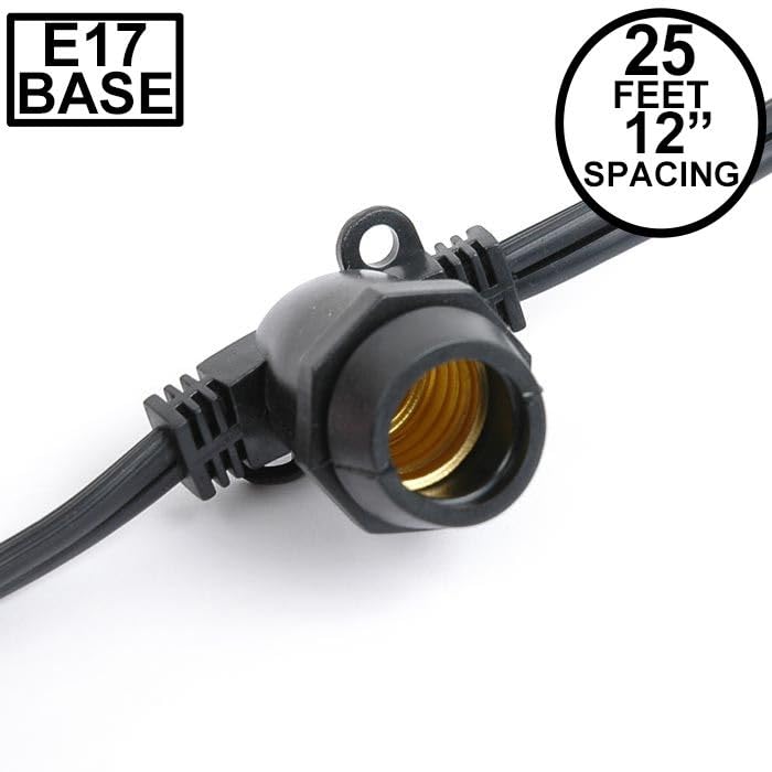 Novelty Lights 25 Feet Heavy Duty Light String with 25 in-Line E17 Sockets, Black Wire PVC Commercial Grade Stringer, 12" Spacing, End-to-End