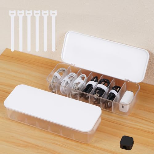 Asonen Cable Organizer Box with 14 Wire Ties and 6 Magnetic Cable Clips, Desktop Cord Management Box with Dividers and Lid for Home Office Storage