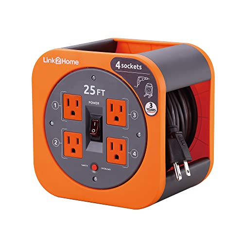 Link2Home Cord Reel 25 ft. Extension Cord 4 Power Outlets - 16 AWG SJT Cable.