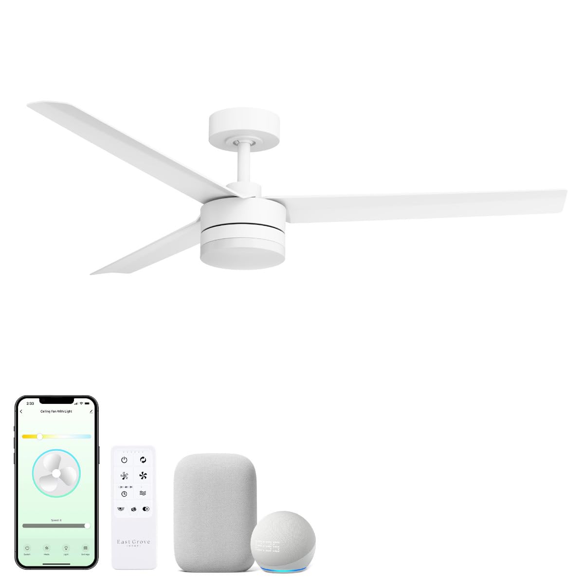 East Grove Home Breeze Indoor or Outdoor 52in 3-Blade Smart Ceiling Fan in Matte White 2700K-6000K CCT Selectable LED Light Kit with Remote Control