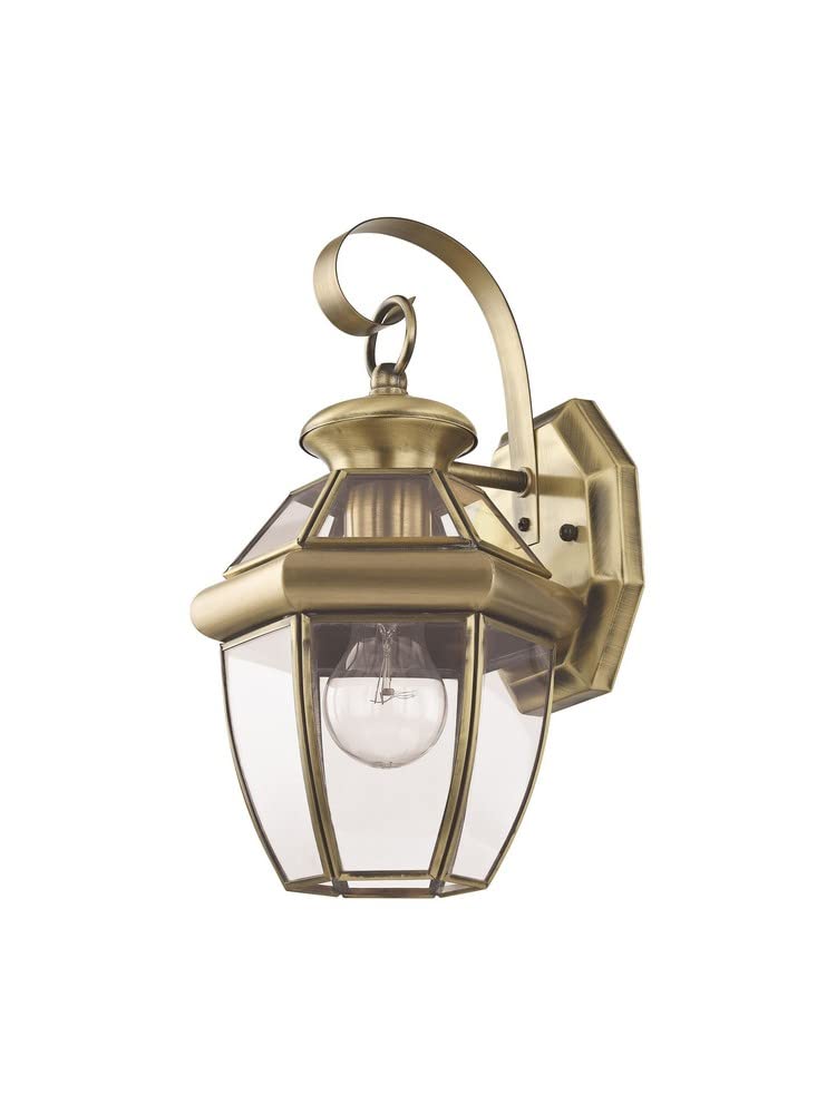 Livex Lighting 2051-01 Monterey 1 Light Outdoor Antique Brass Finish Solid Brass Wall Lantern with Clear Beveled Glass