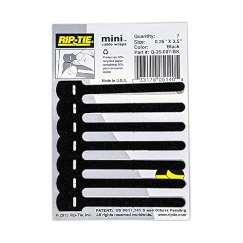 RIP-TIE Mini 1 /4" x 3-1/2" Cable Tie Perfect for USB Cable, Earbud Cords, Cell Phone Cord 7 Pack Black