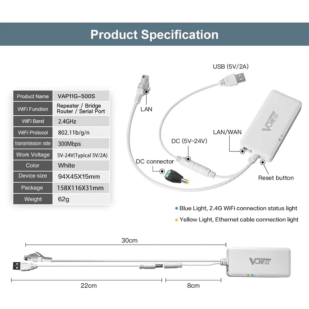 VONETS VAP11G-500S 300Mbps Industrial WiFi Bridge | 2.4GHz, Built-in 2 Antennas, 2X Ethernet Ports | Repeater/Router Mode | Wide Voltage DC5-24V |