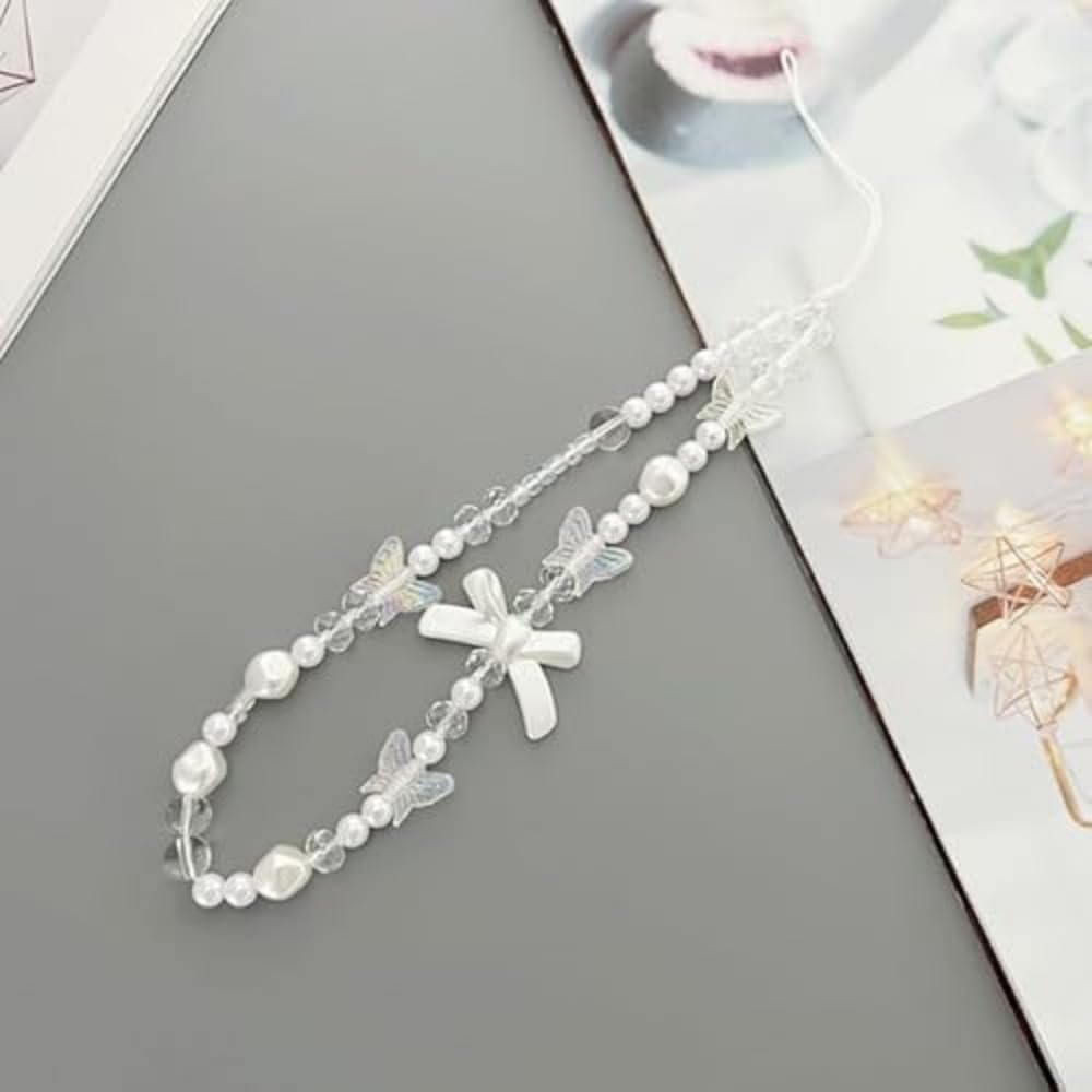 Essivox White Pearl Phone Lanyard, Universal Mobile Chain with Bow, Beaded Wrist Strap, Anti-Lost Charm Keychain