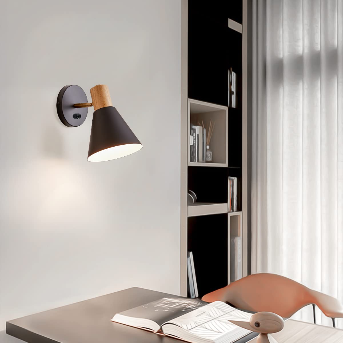 ClanKin Wall Sconces Lighting for Bedroom, Black Adjustable Wood Style Wall Sconce Reading Lamp, Wall Light for Bedroom Hallway Living Room